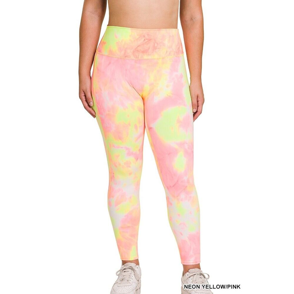Zenana High Waist Leggings Yellow & Pink Tie Dye Women’s 3X